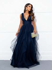 LONG HOLIDAY PARTY DRESS WEDDING NECKLINE CASCADE SKIRT - 藏蓝色 - 查看 1