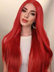 Peluca larga y recta de cabello rojo con raya al medio, peluca sintética de sirena de color para Halloween, cosplay sin encaje con apariencia natural, peluca roja para mujeres y niñas, peluca de reemplazo de cabello natural para uso diario, fiesta y disfraz de Halloween - Rojo - Ver 7