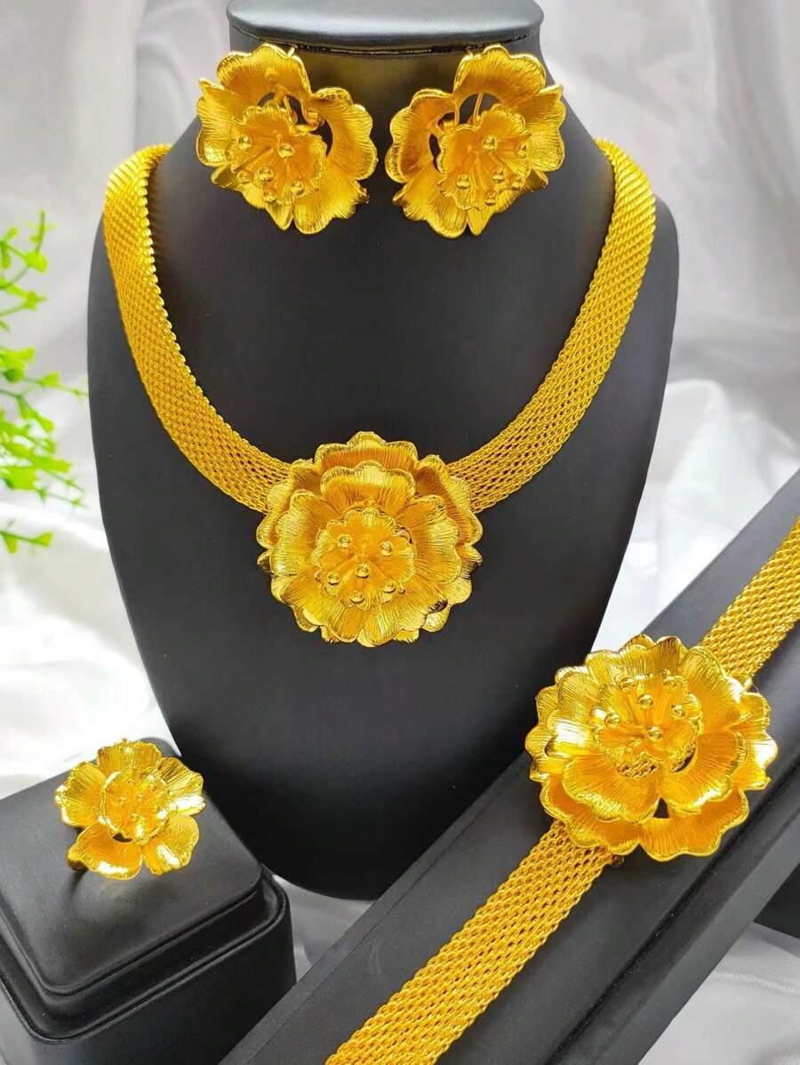 1pc Necklace, 1 Pair Earrings, 1pc Ring, 1pc Bracelet 4pcs/Set Fashion Pendant Jewelry Set For Women, Suitable For Saudi Arabia, Europe, US, Middle East, Dubai, Wedding, Party, Holiday Gift For Mother, Girlfriend