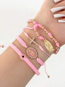4 Pcs/Set Fashion Mexican Bracelets Virgin Mary Bracelets For Women Girls Crystal Cross Beads Hand Woven Bracelets Set Jewelry Accessories - Pink - View 1