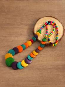 1pc Bohemian Style Handmade Beaded Wooden Slice Necklace, Suitable For Women For Daily Wear, Festivals, Gatherings - Wooden Chip Bead Necklace - View 4