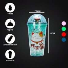 1 Vaso  con popote para beber con diseño de gato de la suerte para niños, vasos de viaje,Botella de agua de plástico, regalo de cumpleaños - Verde - Ver 2