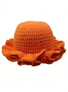 Boné de Malha Casual Feito à Mão com Borda Ondulada e Babado, Artesanato, Não Elástico, Sem Recursos, Versátil
