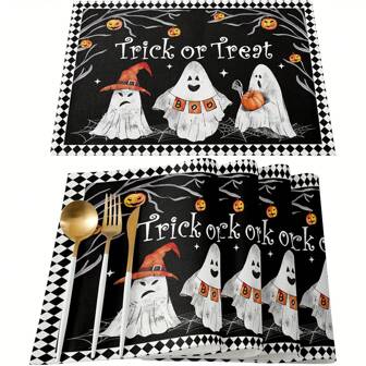 1/4/6 件万圣节捣蛋鬼南瓜枯树橙色黑色格子隔热餐垫亚麻可洗餐桌垫适用于派对自助宴会、万圣节装饰、家居装饰万圣节派对