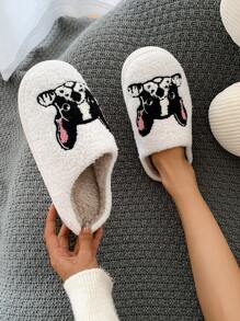 Chinelos de Pelúcia Bordados com Design de Cachorro Adorável, para Uso Interno, Outono/Inverno