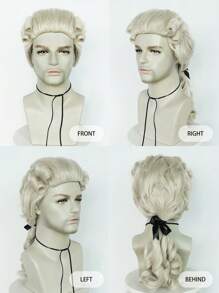 Men Wig For Colonial Historical Judge Costumes Wig Long Curly Gentleman Lawyer Wig Beige Halloween Party Powdered 18th Century Cosplay Wigs 1700s Founding Father Retro Wig Long Beige Curly With Ponytail Synthetic Wig For Men Male - Beige - View 6