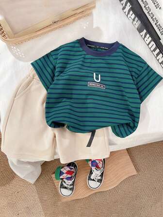 男婴新款夏季服装 - 2 件套街头风格条纹短袖男婴 T 恤套装