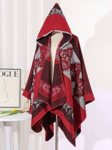 1pc Geometric Pattern Acrylic Hooded/Hoodless Cape Poncho, Fashionable Loose Fit Versatile Cloak For Spring, Summer, Autumn & Winter