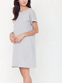 Boho Retro Rayon Cool Soft Summer Cuff Short Sleeve Crew Neck T Shirt Mini Dress Tunic With Pockets - Xám - Xem 2