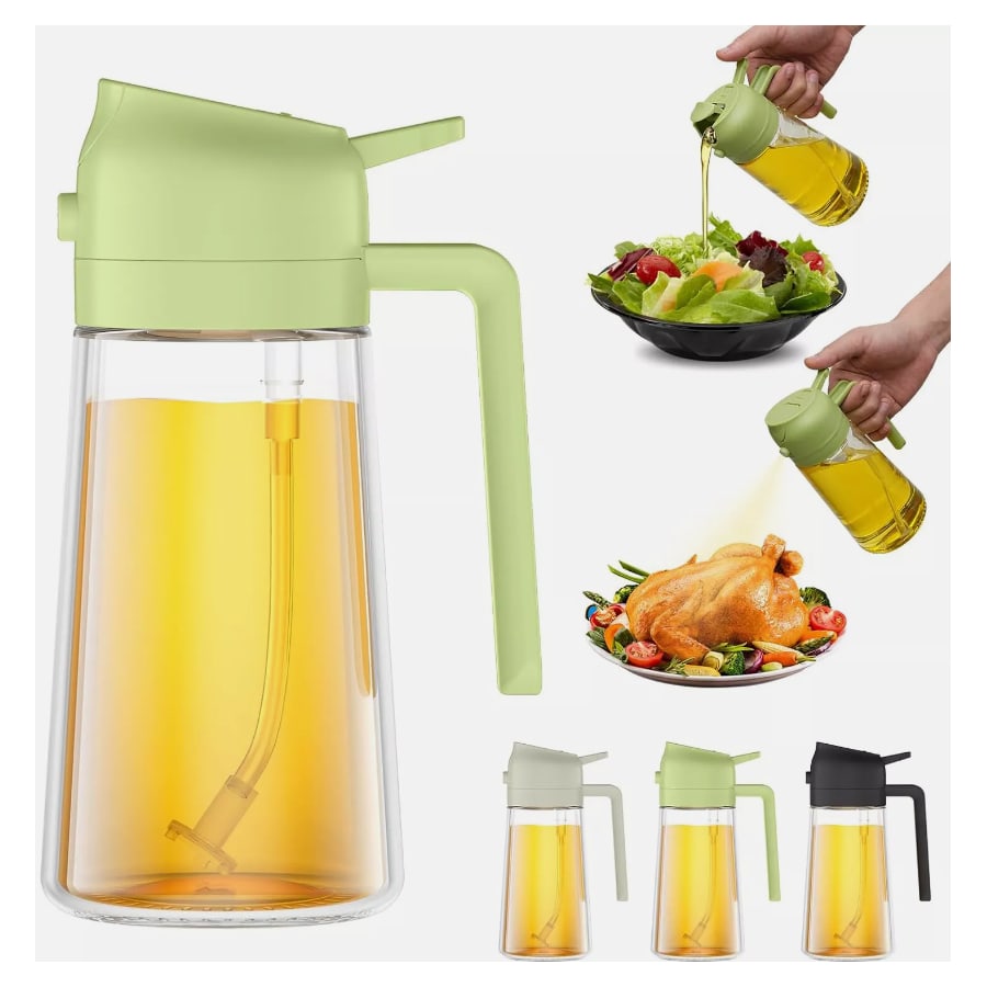Botella dispensadora de aceite de oliva de vidrio de 470 ml y rociador de aceite 2 en 1 para cocinar en la cocina 16 oz Reutilizable Adecuado para aderezo para ensaladas, plancha, asado, parrilla, horneado
