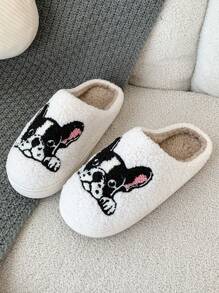 Chinelos de Pelúcia Bordados com Design de Cachorro Adorável, para Uso Interno, Outono/Inverno