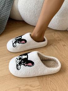 Chinelos de Pelúcia Bordados com Design de Cachorro Adorável, para Uso Interno, Outono/Inverno