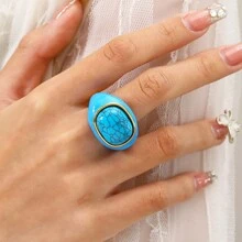 1 pieza Anillo de acero de titanio para mujer, diseño vintage audaz con incrustación de piedra natural, banda ancha de adecuada para uso diario