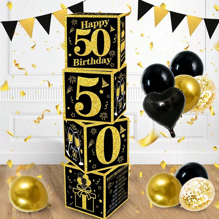 4 件装 50 岁生日装饰盒，适用于男士女士，50 岁生日主题纸板盒派对用品，黑金 50 岁生日快乐气球盒 - 黑金-50歲 - 查看 1