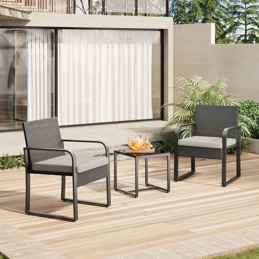 3 Pieces Patio Furniture  Bistro Sets, Outdoor Rattan Conversation With Glass Table, Wicker Sofa Furniture Set With Cushion, For Backyard, Porch, Poolside, Lawn,Garden, Camping,Outdoor Furniture  ,Outdoor Decor - 灰色 - 查看 1