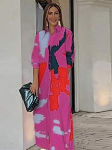 女士休闲宽松印花衬衫裙，秋冬时尚