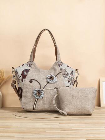 1pc Bohemian Handmade Floral Tote Bag With Adjustable Shoulder Strap