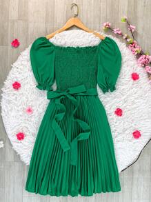 Pleated Midi Waist Elastex Dress - 綠色 - 查看 1
