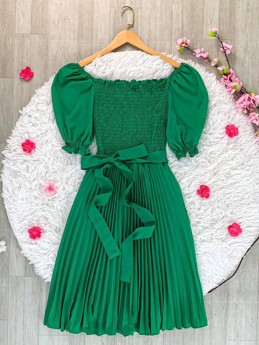 Pleated Midi Waist Elastex Dress - 綠色 - 查看 1