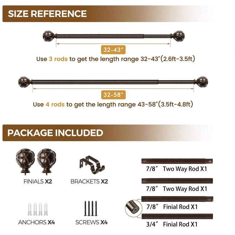 1pc Long Curtain Rods For Windows, Long Heavy Duty Curtain Rod, 7/8 Inch Adjustable Drapery Rods With Netted Texture Finials, Bronze/Silver/Black/Gold/White - Antique Bronze - View 9