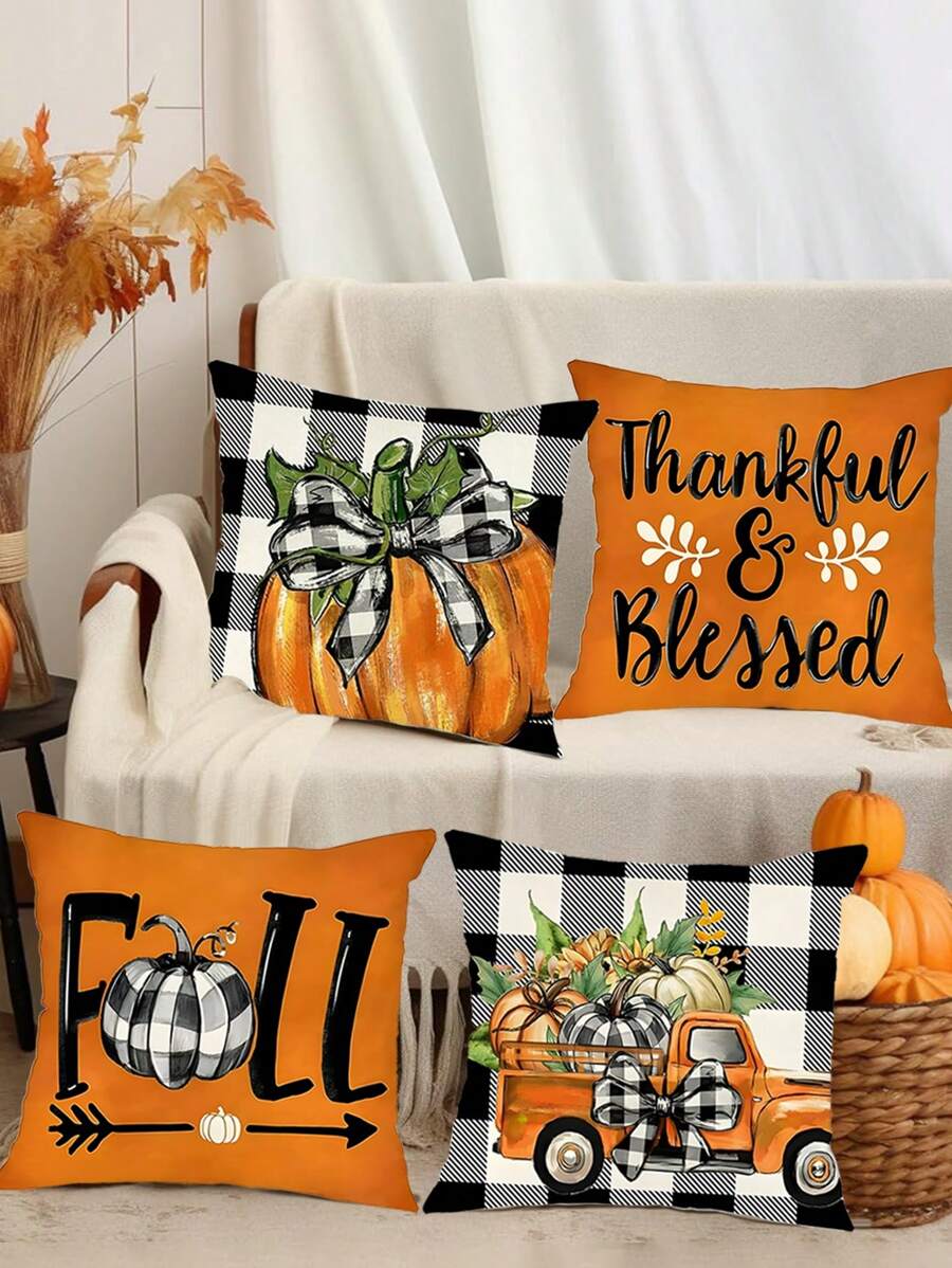 Fall Pillow Covers 4 Style For Fall Decor Buffalo Plaid Pumpkin And Maple Leaves Outdoor Pillows Decorative Throw Pillows 45x45CM Farmhouse Thanksgiving Decorations Autumn Cushion Case For Couch,Christmas - Multicolor - View 1
