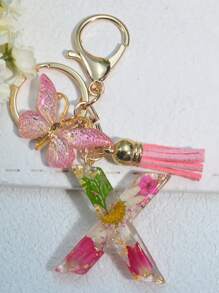 One Initial Keychain For Girl And Ladies, Pink Cute Dry Flower Dandelion Key Chain, Backpack/Handbag Decoration, Butterfly Tassel, Gift Car Accessories Bag Charm School Goth Y2k