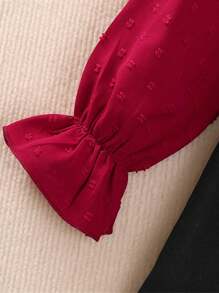 Conjunto de 2 piezas de niña de top de manga larga de lunares + falda bustier, cómodo y versátil conjunto infantil con encaje, volantes, mangas princesa y cinturón - Rojo - Ver 6