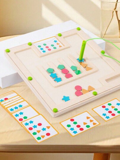 Drewniany labirynt do łączenia kształtów z kartami pytań dla dzieci, puzzle Montessori zabawki do wczesnej edukacji, kształty magnetyczne chodząca gra w dopasowywanie, poznawcze kolory i kształty