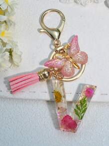 One Initial Keychain For Girl And Ladies, Pink Cute Dry Flower Dandelion Key Chain, Backpack/Handbag Decoration, Butterfly Tassel, Gift Car Accessories Bag Charm School Goth Y2k