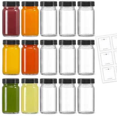 4pcs, 2oz Glass Small Bottle With Lid, Small Transparent Can, Can Hold Coffee, Juice, Cocktails, Samples, Travel Essentials, Wide Mouth Leak Proof, Glass Bottle