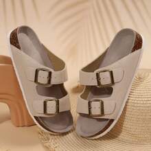 Women's Comfort Straps Adjustable Buckle Slip On Sandals Slide Cork Footbed Sandals - Beige - View 3
