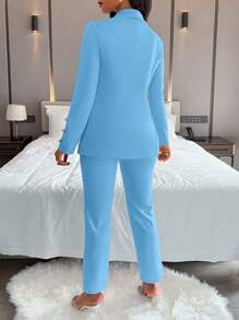 AIJ Amarilo Women's Solid Color Minimalist Daily Wear Long Sleeve Pants Suit, 2 Pieces Set - Baby Blue - View 3