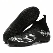 男式足球鞋足球钉鞋运动高帮透气足球靴钉鞋防滑户外室内训练草皮足球 - 黑色 - 查看 3