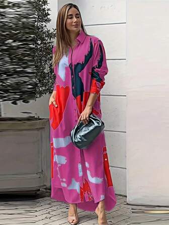 Women's Casual Loose Printed Shirt Dress, Autumn Winter Fashion