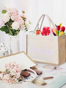 Bolsa de lona personalizada con bordado exclusivo de su nombre, bolsa de almacenamiento de lona grande, bolsa de compras impermeable interna, bolso, bolsa de equipaje, adecuada para compras, citas, vacaciones, viajes, fiestas, bolsa de regalo - Beis - Ver 3