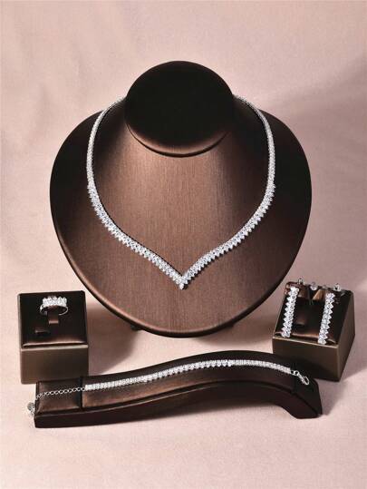 CORUIXI 4개 여성용 패션 플래티넘 컬러 V자 모양 주얼리 세트, 지르코니아 목걸이, 귀걸이, 팔찌, 링 포함, 일상 착용에 적합한 4개 다이아몬드 액세서리