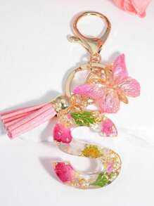 One Initial Keychain For Girl And Ladies, Pink Cute Dry Flower Dandelion Key Chain, Backpack/Handbag Decoration, Butterfly Tassel, Gift Car Accessories Bag Charm School Goth Y2k