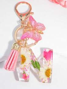 One Initial Keychain For Girl And Ladies, Pink Cute Dry Flower Dandelion Key Chain, Backpack/Handbag Decoration, Butterfly Tassel, Gift Car Accessories Bag Charm School Goth Y2k