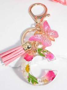 One Initial Keychain For Girl And Ladies, Pink Cute Dry Flower Dandelion Key Chain, Backpack/Handbag Decoration, Butterfly Tassel, Gift Car Accessories Bag Charm School Goth Y2k