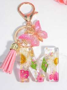 One Initial Keychain For Girl And Ladies, Pink Cute Dry Flower Dandelion Key Chain, Backpack/Handbag Decoration, Butterfly Tassel, Gift Car Accessories Bag Charm School Goth Y2k