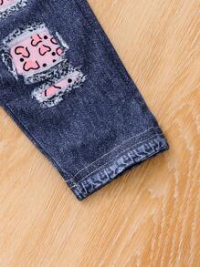 2pcs Baby Girl European Style Printed Long Sleeve Top And Distressed Denim Effect Pants Set, Autumn/Winter