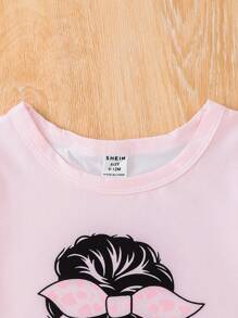 2pcs Baby Girl European Style Printed Long Sleeve Top And Distressed Denim Effect Pants Set, Autumn/Winter