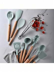 Set 12 espatulas utensilios de cocina de silicona con mango de madera - Rosa Pálido - Ver 4