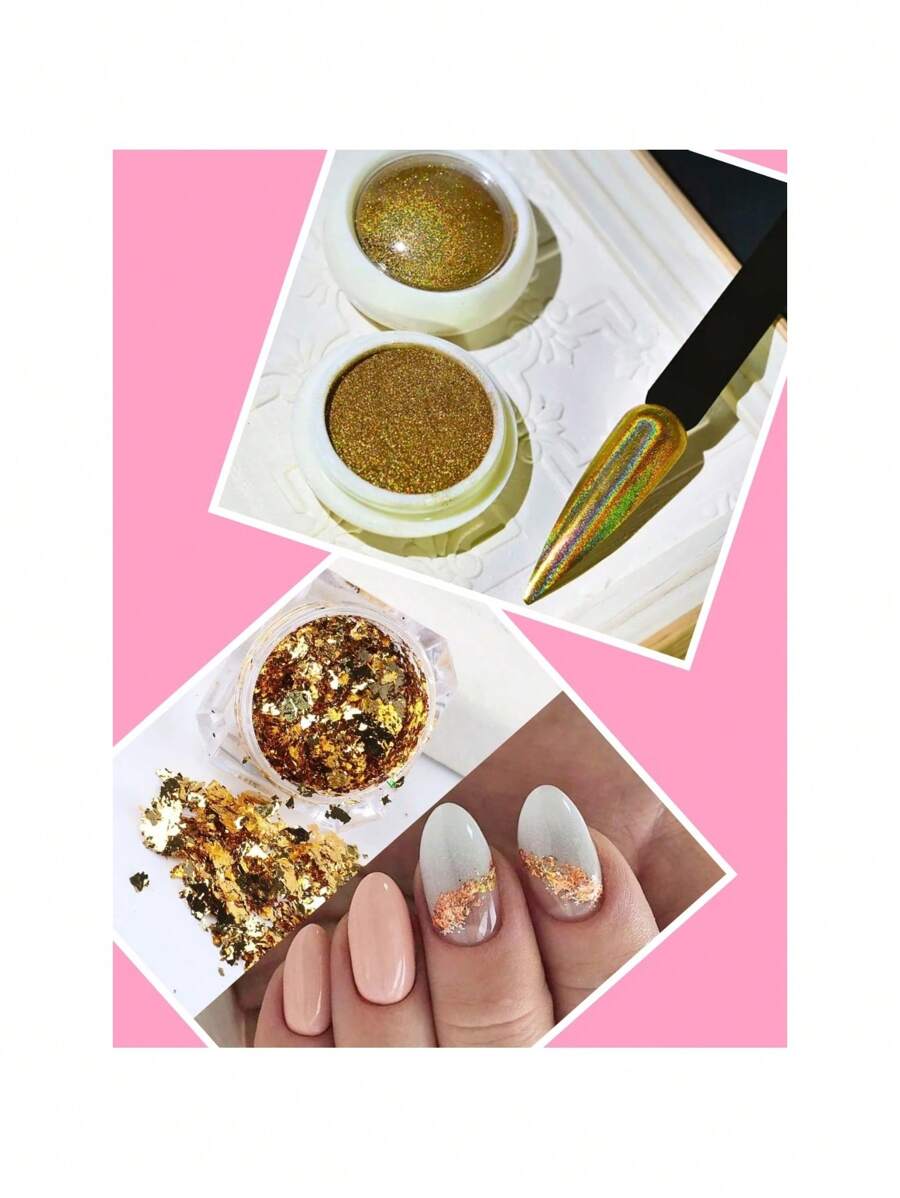 DUO EFECTO HOLOGRAFICO ESPEJO Y FLAKES DECORACIONES PARA UÑAS - Dorado - Ver 1