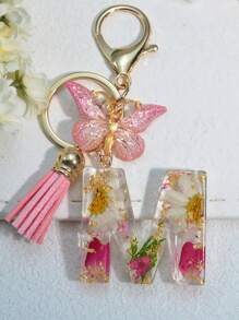 One Initial Keychain For Girl And Ladies, Pink Cute Dry Flower Dandelion Key Chain, Backpack/Handbag Decoration, Butterfly Tassel, Gift Car Accessories Bag Charm School Goth Y2k
