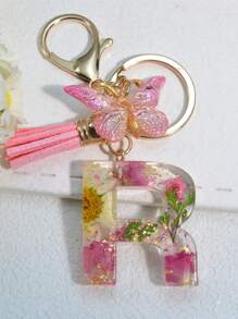 One Initial Keychain For Girl And Ladies, Pink Cute Dry Flower Dandelion Key Chain, Backpack/Handbag Decoration, Butterfly Tassel, Gift Car Accessories Bag Charm School Goth Y2k