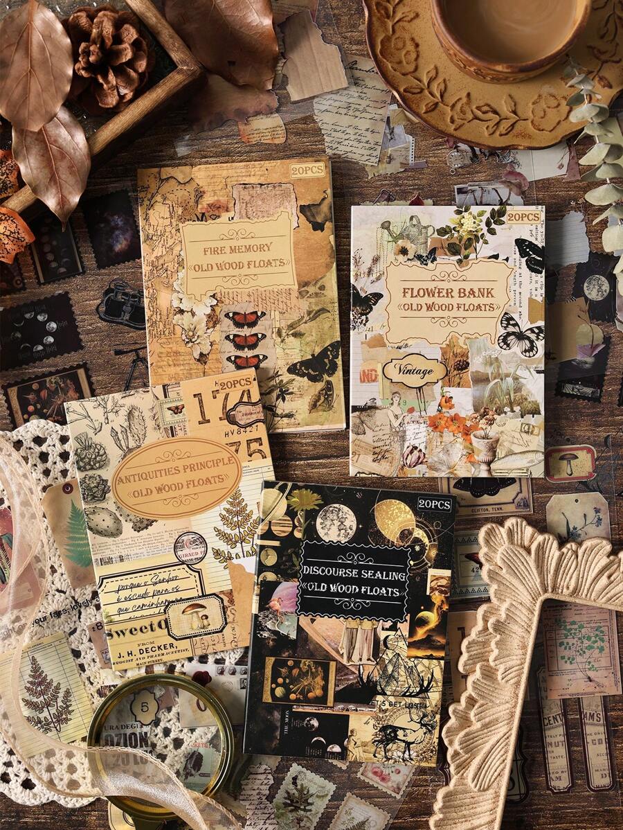 一套复古邮票字母筏设计蝴蝶花朵数码风景元素装饰贴纸，80张美学贴纸，透明PET材质旧木浮动系列美术用品套装，适用于手册、日记本、剪贴簿、信封、相册、手机、电脑、派对礼物 - 彩色 - 查看 1