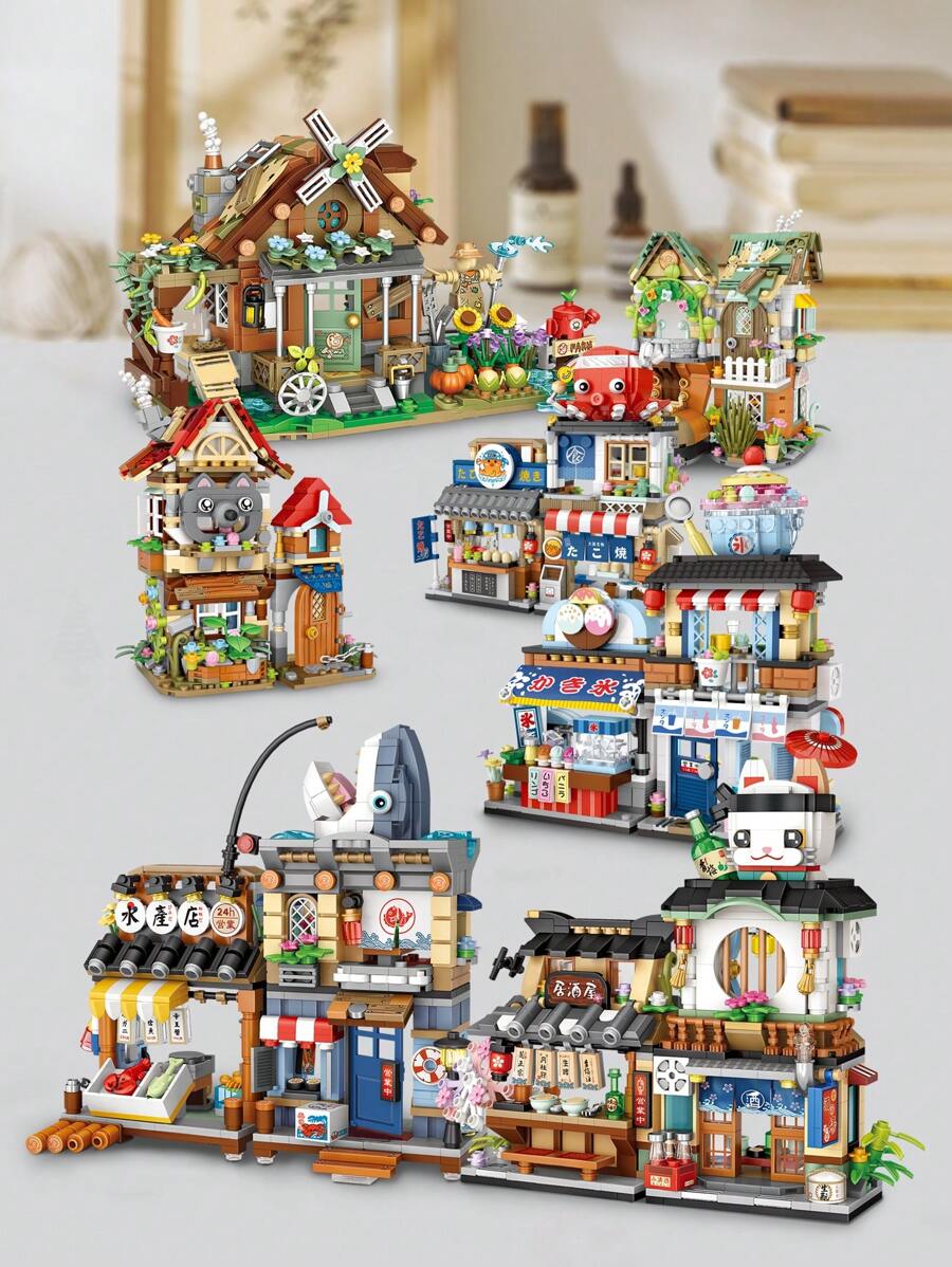 LOZ 迷你积木，可折叠日本街头场景 DIY 套装，多种颜色可选，3D 拼图组装，办公桌装饰，成人男女节日礼物，圣诞节，房间装饰 - 彩色 - 查看 1
