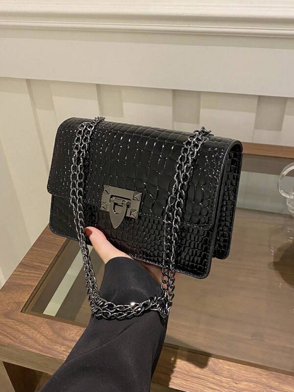 Bolso de hombro retro de mujer de mini moda, bolso cruzado ligero de cadena metálica de PU, bolso cuadrado de candado casual, bolso de caimán, bolso de compras para chica joven, adecuado para el transporte diario de mujeres