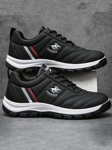 Zapatillas de tenis casuales para hombres, suela antideslizante de color sólido con cordones Zapatillas para correr en pareja - Negro - Ver 8